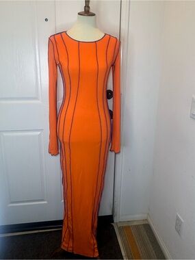 Slim-Fit Orange Long-Sleeve Maxi Dress with Contrast Piping